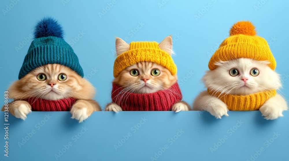 Three cats wearing hats and scarves are standing in front of a blue background. The cats are wearing different colored hats and scarves, and they appear to be posing for a photo Three cats wearing hats and scarves are standing in front of a blue background. The cats are wearing different colored hats and scarves, and they appear to be posing for a photo