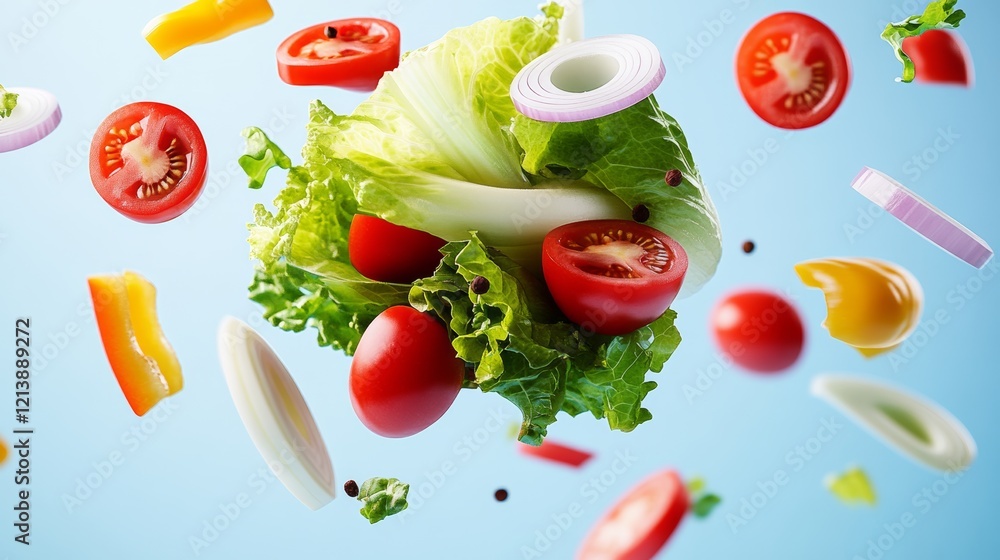 A salad with a variety of vegetables including tomatoes, lettuce, and onions. The salad is being tossed in the air, creating a sense of motion and energy A salad with a variety of vegetables including tomatoes, lettuce, and onions. The salad is being tossed in the air, creating a sense of motion and energy