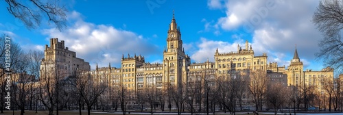 Historic University Building in Moscow, Russia. Landmark and Architectural Gem against a Blue Sky.