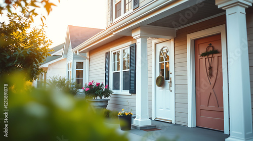 Dream House Exterior: Modern Suburban Home Design, Perfect Front Porch and Landscaping photo