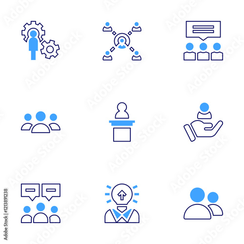 People icon set. Bold line style. Duotone colors. Editable stroke. group, population, customer, lectern, idea, gear, users, teamwork