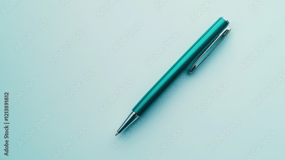 Teal pen on blue background, copy space, writing Teal pen on blue background, copy space, writing