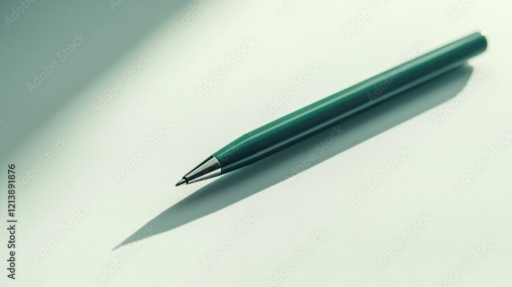 Fototapeta premium Green pen, desk, shadow, light, writing, office, background, stationery, product shot