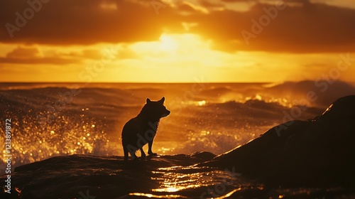 A single Tasmanian Devil standing on a rocky beach, with the ocean waves crashing in the background, the sun setting on the horizon. photo