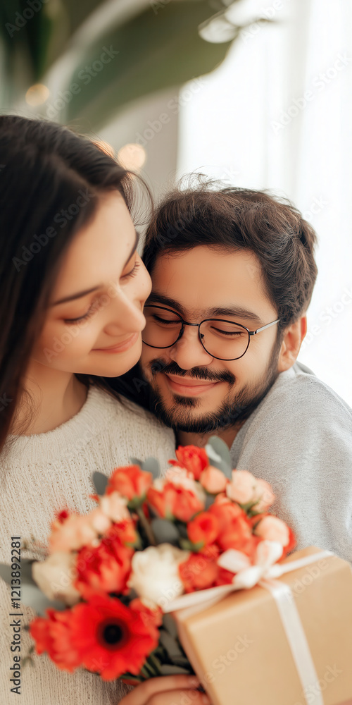 Romantic couple embracing with gift and flowers, young Caucasian man and woman Romantic couple embracing with gift and flowers, young Caucasian man and woman