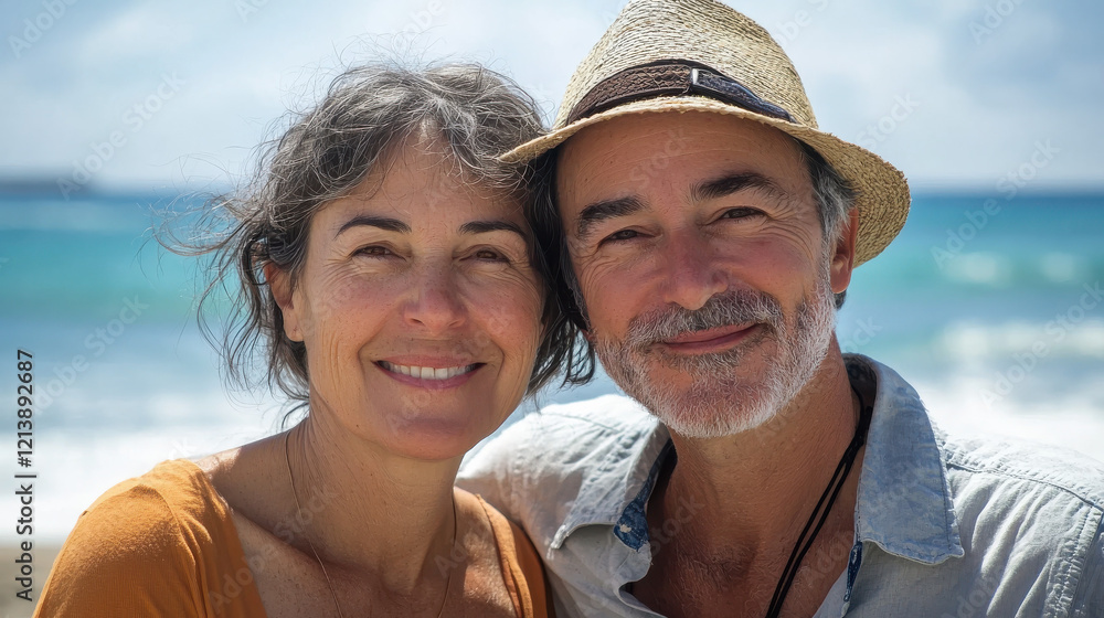 Fototapeta premium Middle-aged couple cuddling on the beach for romantic vacation