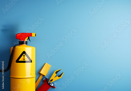 Food Safety Storage Certification. Fire extinguisher with tools against a blue wall.
 photo