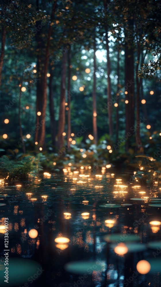Enchanting Forest Scene at Dusk with Floating Lanterns Reflecting in Serene Water and Surrounded by Lush Greenery Enchanting Forest Scene at Dusk with Floating Lanterns Reflecting in Serene Water and Surrounded by Lush Greenery