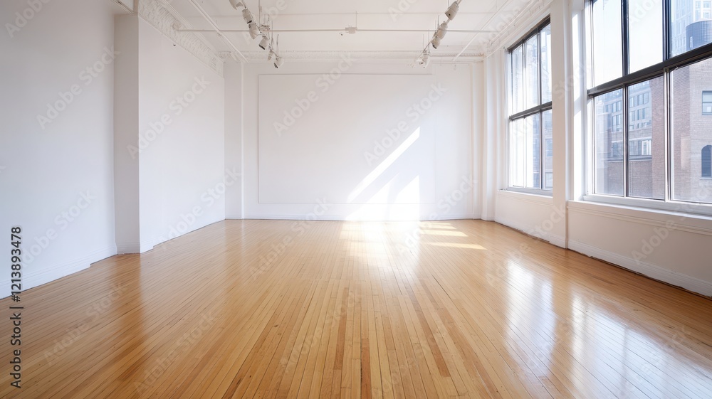 Spacious empty white room with wooden floor and large window, inviting creativity and endless possibilities. Spacious empty white room with wooden floor and large window, inviting creativity and endless possibilities.