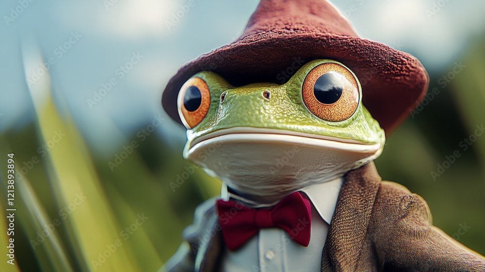 Fototapeta premium A frog wearing a hat and a red bow tie. The frog is looking at the camera. The image has a whimsical and playful mood