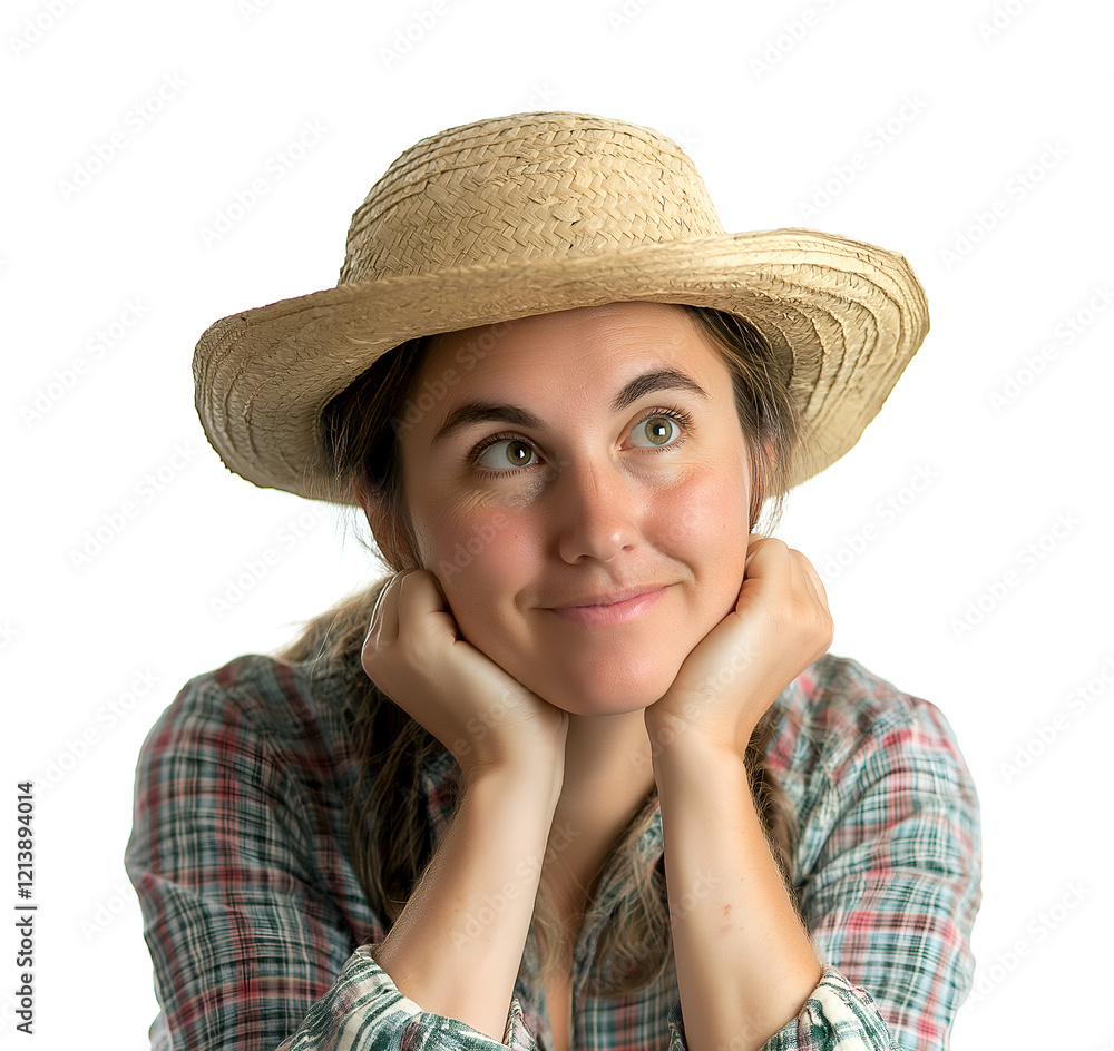 Young woman with a thoughtful expression wearing a straw hat and plaid shirt, looking up, chin resting on her hands, against a simple background, conveying a sense of contemplation and dreaming Young woman with a thoughtful expression wearing a straw hat and plaid shirt, looking up, chin resting on her hands, against a simple background, conveying a sense of contemplation and dreaming
