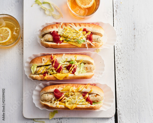 Three tasty hot dogs are garnished with lettuce, mustard, and ketchup, accompanied by cool lemon drinks, ideal for a summer barbecue or picnic setting