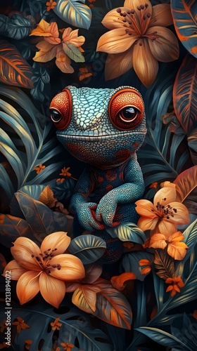 Cartoon Chameleon Blending into Vibrant Fantastical Jungle Flora