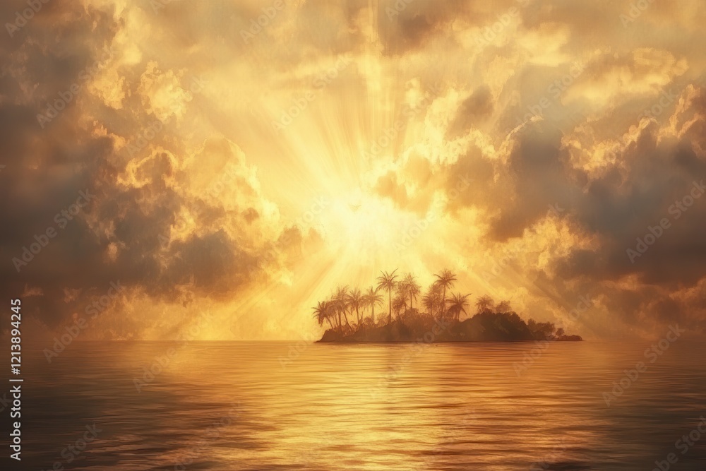 Serene Sunset Over Tropical Island with Silhouetted Palm Trees and Glimmering Water, Capturing the Tranquility and Beauty of Nature's Golden Hour Serene Sunset Over Tropical Island with Silhouetted Palm Trees and Glimmering Water, Capturing the Tranquility and Beauty of Nature's Golden Hour