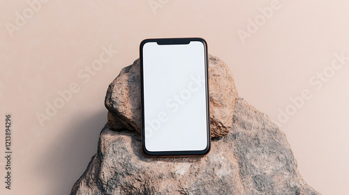 Mockup smartphone with blank white screen On Rock. copy space for brand advertisement. 3D rendering Mockup Template. photo