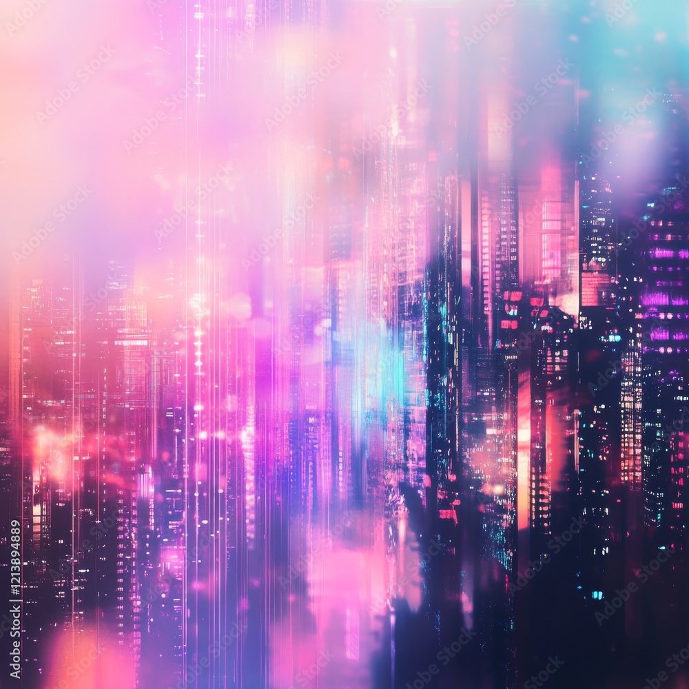 Bright city skyline illuminated with colorful lights during evening hours Bright city skyline illuminated with colorful lights during evening hours