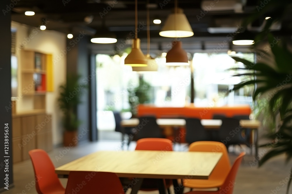 Modern office lounge, meeting table, pendant lights, blurred background, co-working space Modern office lounge, meeting table, pendant lights, blurred background, co-working space