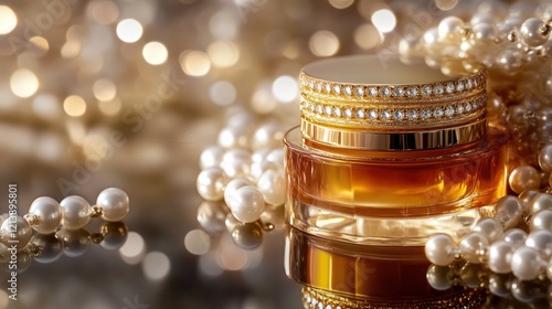 Luxury cream jar, pearls, bokeh, reflective surface, ad
