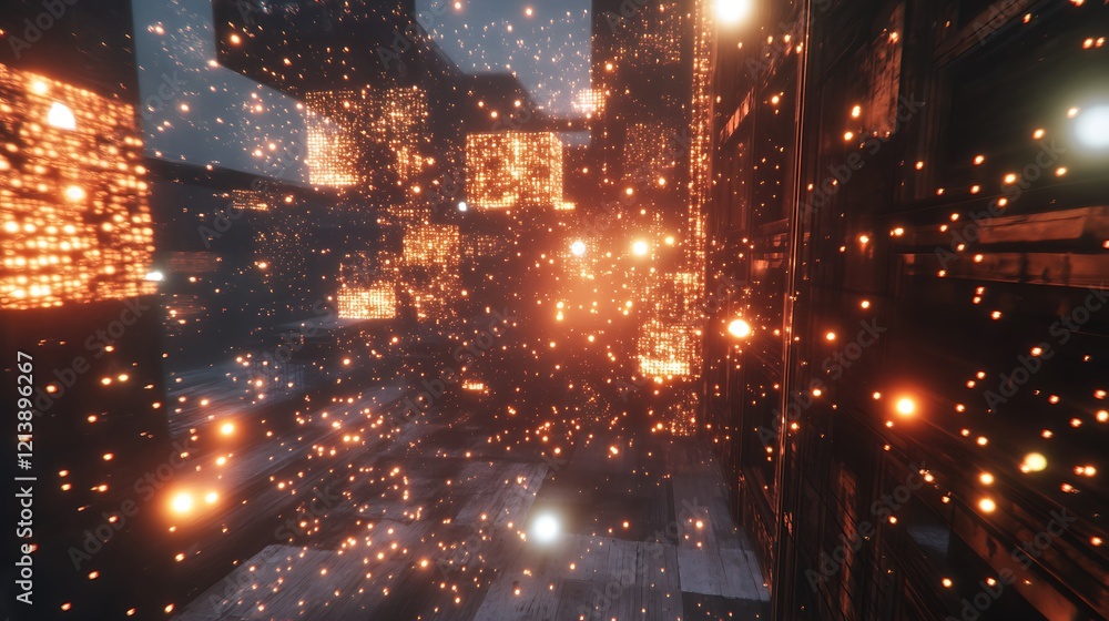 Obraz premium Abstract futuristic cityscape with glowing orange lights and particles.