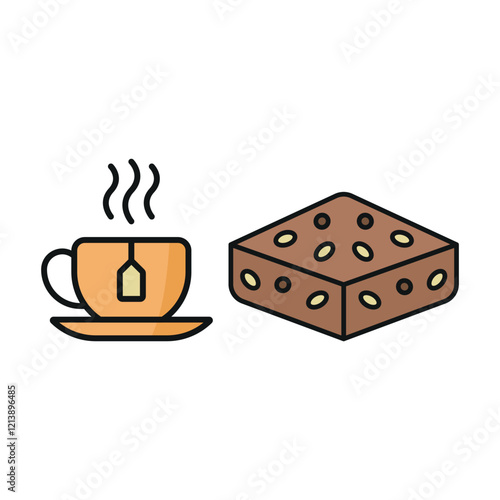 Tea mug drink and brownies food icons with a warm and comforting design