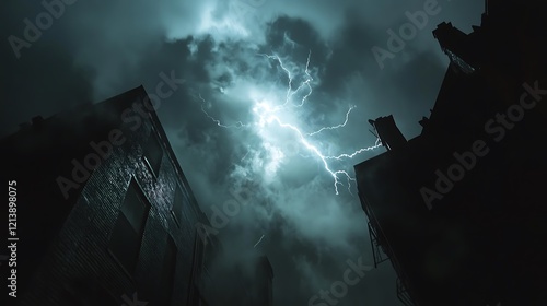 Lightning strike over dark city buildings at night.