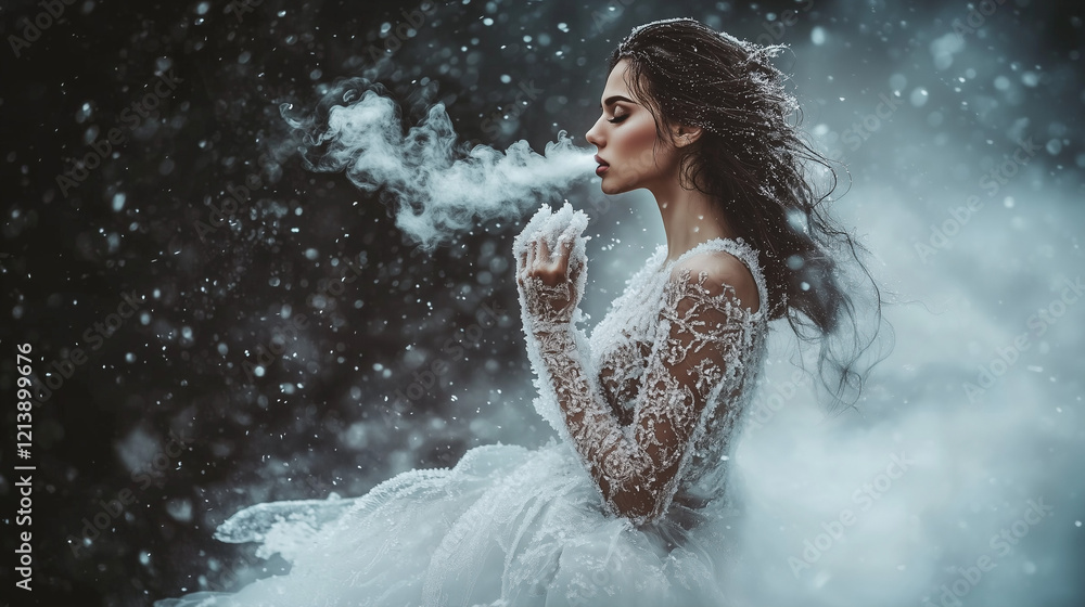 Obraz premium A supermodel with frosty makeup, dressed in an ethereal ice gown, breathes mist in a dreamlike winter setting