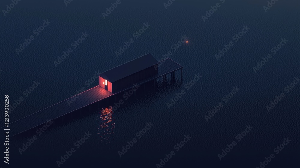 Fototapeta premium A dark image of a dock with a red door and a small building