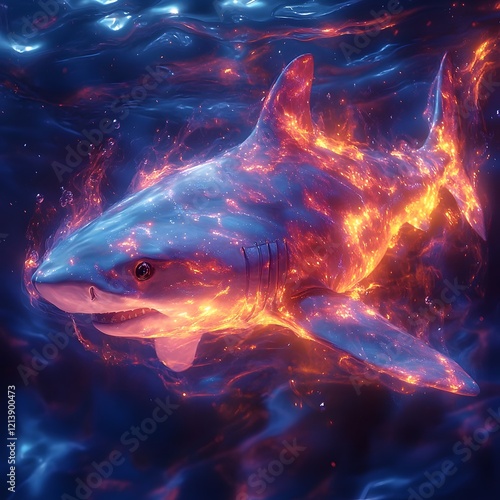 A Gliding Shark Navigating a Bioluminescent Deep Sea Oasis in Neon Hues