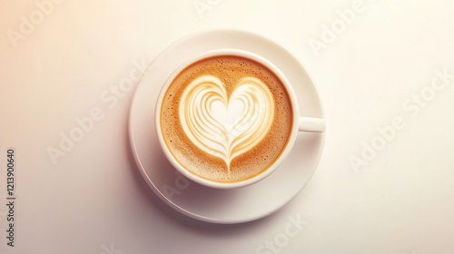 Coffee cup with heart-shaped latte art and milk foam on white saucer