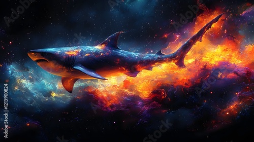 Glowing Shark Gliding Through Bioluminescent Underwater Oasis
