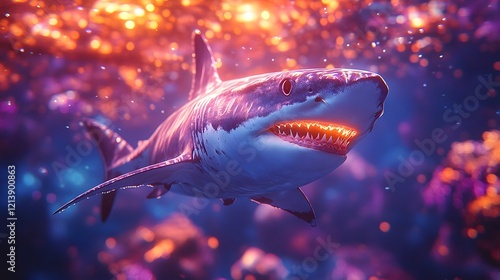 Ethereal Shark Gliding Through Bioluminescent Deep Sea Oasis