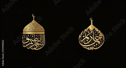 Two ornate calligraphic designs featuring Arabic script on a black background.