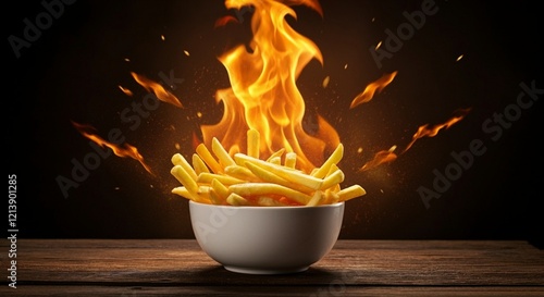 A bowl of French fries engulfed in flames, creating a dynamic and eye-catching scene.