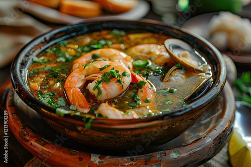 Detailed Visual  of Fresh Seafood and Vegetable Soup with Cilantro photo