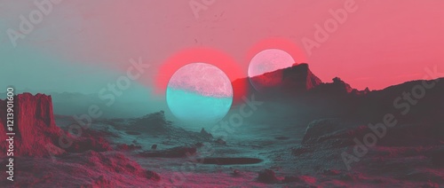 Glitchy mountain range at sunset with distorted peaks in warm colors capturing a surreal landscape photo