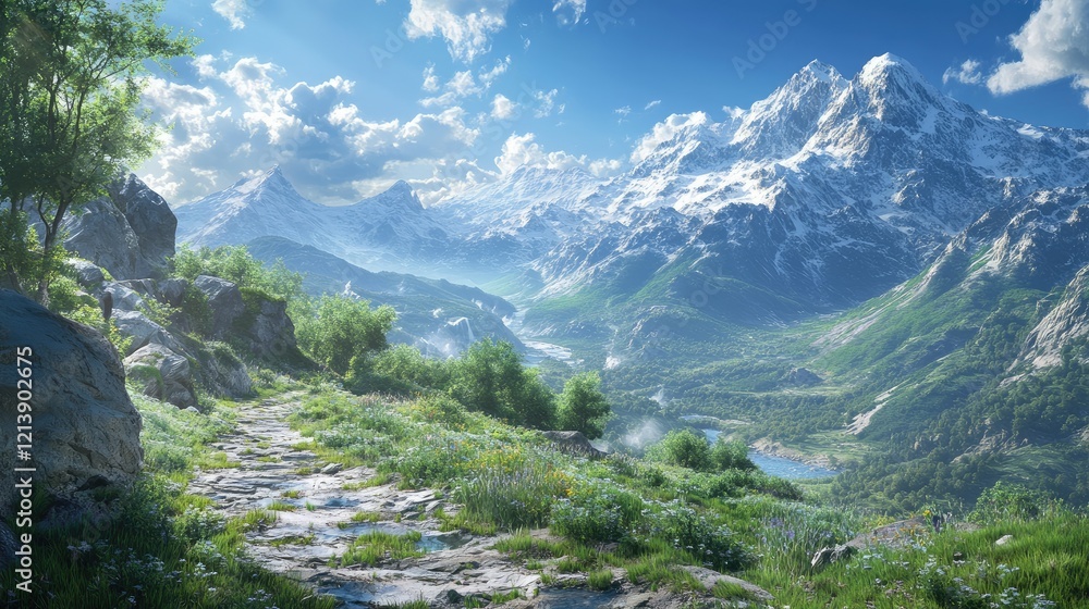A mountain range with snow-capped peaks and lush green valleys, with an ancient trail winding through the landscape on a sunny day A mountain range with snow-capped peaks and lush green valleys, with an ancient trail winding through the landscape on a sunny day
