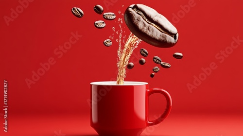 Red coffee cup with coffee beans flying out of it. Concept of excitement and energy, as if the coffee is being poured out with great force photo