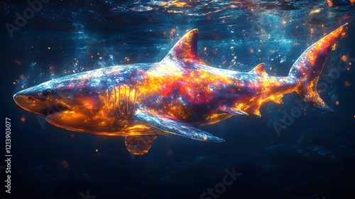 Luminous Shark Gliding Through Bioluminescent Coral Garden