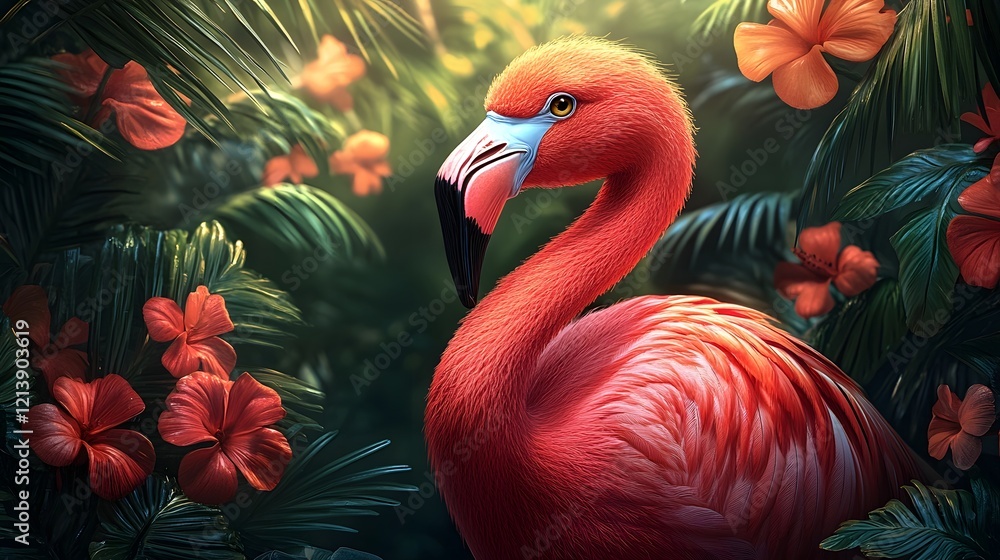 Obraz premium Vibrant Cartoon Flamingo Grooving to Upbeat Tropical Music in Retro Inspired Hawaiian Luau Setting