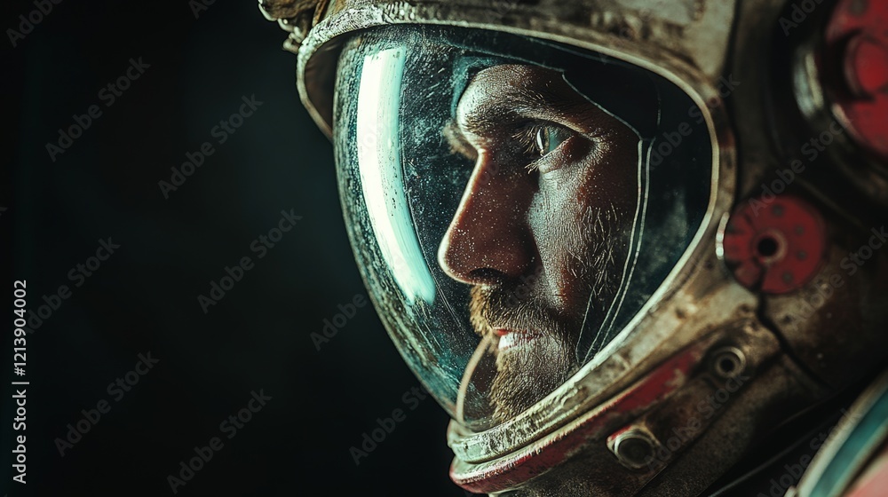 Close-up of an astronaut suited up in a space helmet, embodying spirit of exploration and resolve Close-up of an astronaut suited up in a space helmet, embodying spirit of exploration and resolve