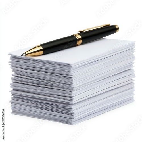Neat Stack of Blank White Stationery with Elegant Black and Gold Pen