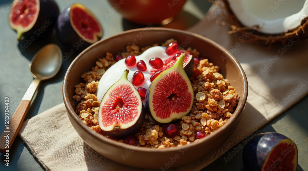 A vibrant breakfast bowl features sliced fresh figs and pomegranate seeds atop crunchy granola, presented on a rustic table setting with natural lighting A vibrant breakfast bowl features sliced fresh figs and pomegranate seeds atop crunchy granola, presented on a rustic table setting with natural lighting