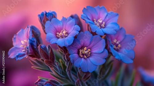 A detailed view of blue flowers in front of a gentle, multi-colored background