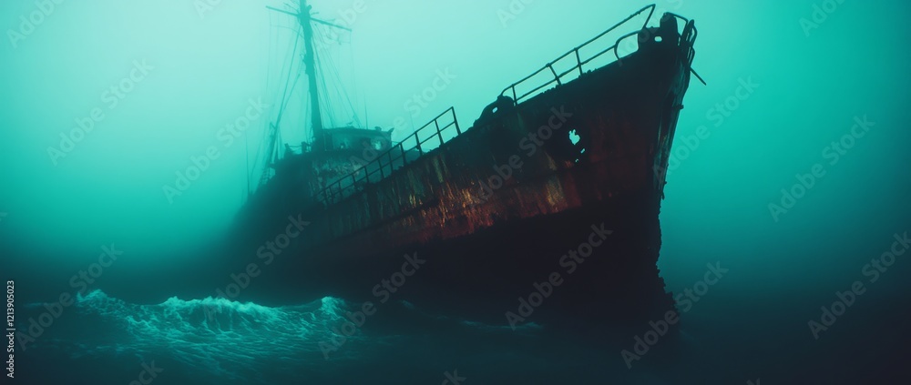 Fototapeta premium Rusty abandoned ship emerges from thick fog near coastal waters during a gloomy day