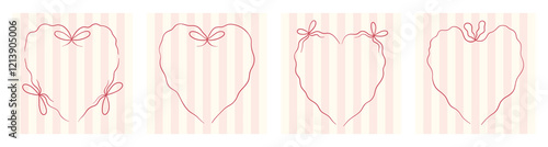 Set of elegant heart frame border with bow and ribbons. Love girlhood design. Hand drawn coquette aesthetic templates for Valentines day, wedding, social network, poster, cover, packaging, postcard