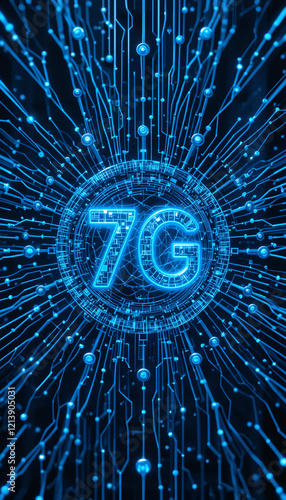 Digital Illustration of 7G Technology: Showcasing High-Speed Connectivity, Advanced Network Infrastructure, Data Transfer Capabilities, and Futuristic Design Elements for Modern Communication
 photo