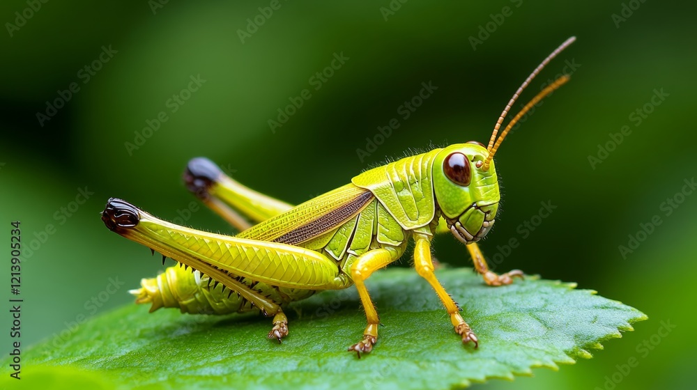 Fototapeta premium Green grasshopper is sitting on a leaf, which is also green. The grasshopper has a brown stripe on its back