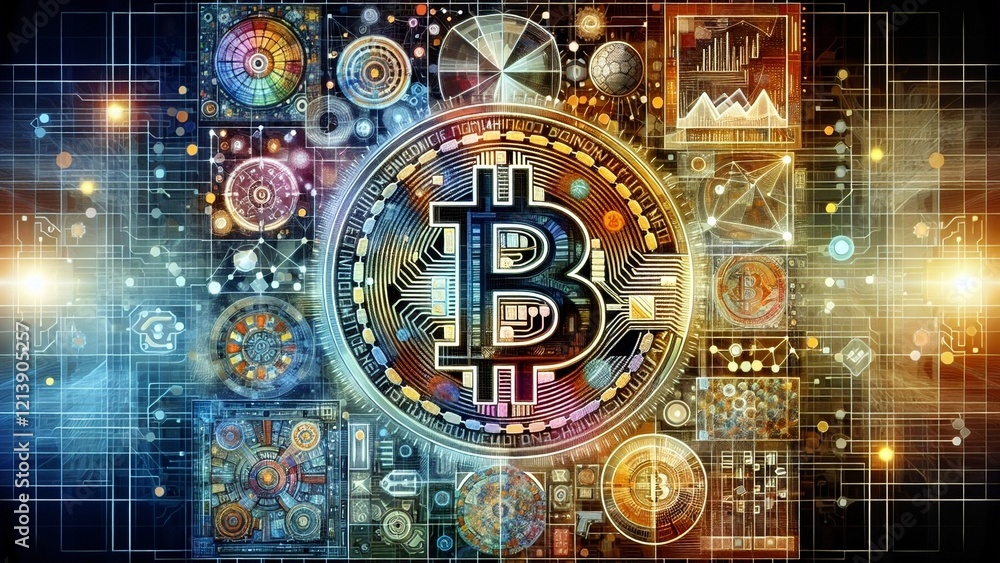 custom made wallpaper toronto digitalA vibrant digital collage featuring Bitcoin and various technological elements.