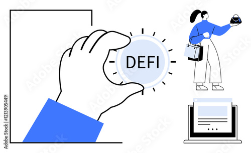 Hand holding circular DEFI coin, woman examining object, and a laptop. Ideal for finance, cryptocurrency, decentralized economy, blockchain technology, fintech investment cashless future. An