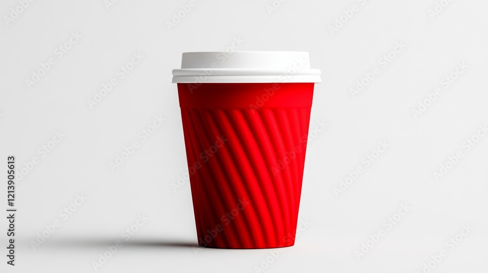 Red cup with a white lid sits on a white background. The cup is made of paper and has a spiral design Red cup with a white lid sits on a white background. The cup is made of paper and has a spiral design